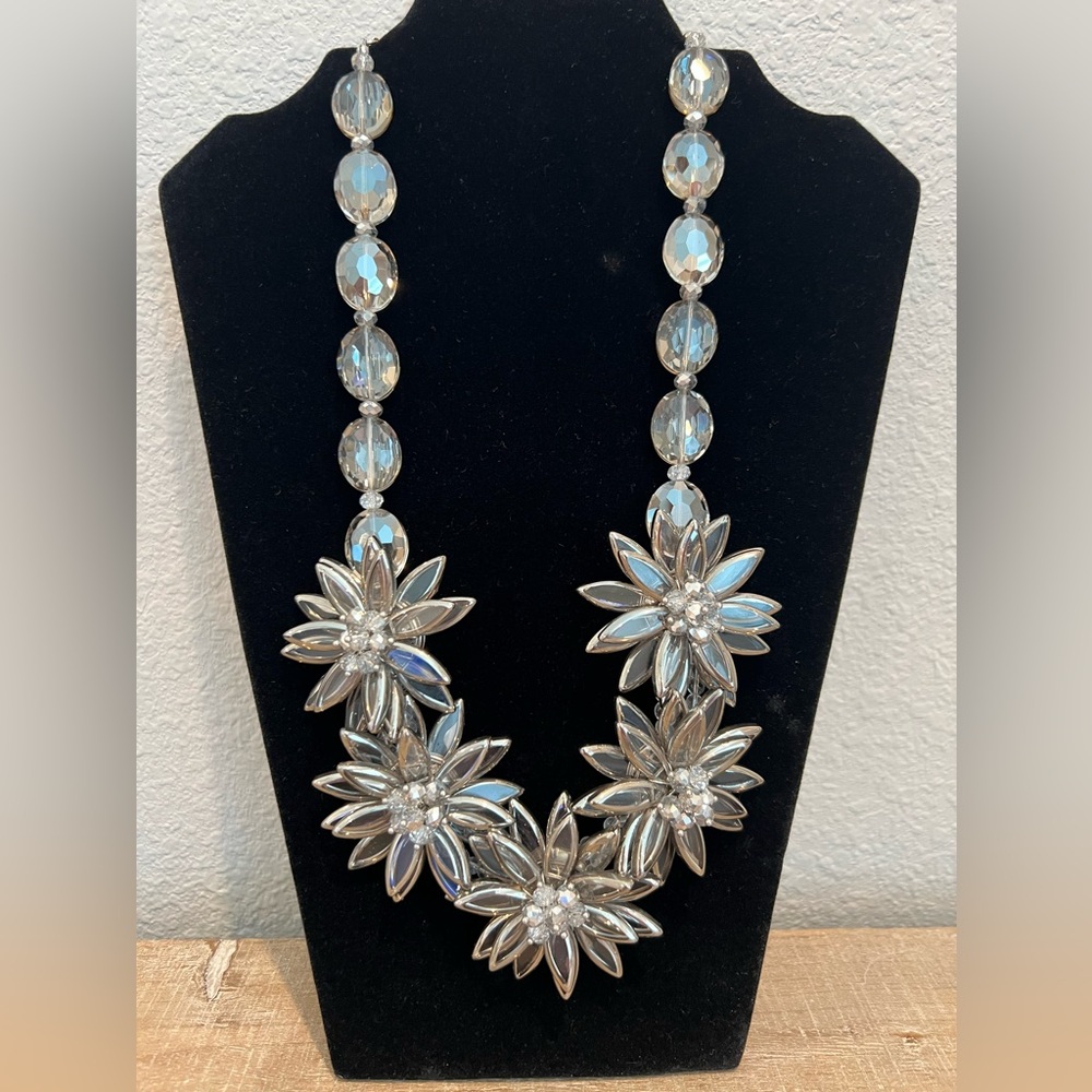 Joan Rivers Statement Necklace Clear Beads And Gemstone Flowers Silver Tone
